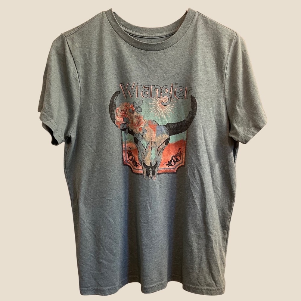 Wrangler Graphic Tee Womens Medium Blue Steer Skull Floral Western T-Shirt